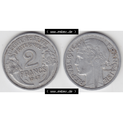 Münze Frankreich Umlaufmünzen Sammlung in PNG 1941-1959, 2 Francs, Franken 1947 (3) - Digitales Münzen-Bildmaterial einer französischen Francs Münze aus Frankreich... Sammlung