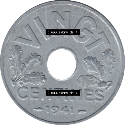 Münze Frankreich Umlaufmünzen Sammlung in PNG 1941-1941, VINGT 20 Centimes, Cent-01 (5) - Digitales Münzen-Bildmaterial einer französischen Francs Münze aus... Sammlung