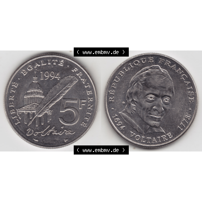 Münze Frankreich Umlaufmünzen Sammlung in PNG 1994-1994, 5 Francs Liberte Egalite Fraternite (3) - Digitales Münzen-Bildmaterial einer französischen Francs Münze... Sammlung