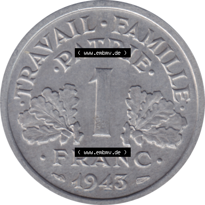 Münze Frankreich Umlaufmünzen Sammlung in PNG 1942-1944, 1 Franc, Franken 1943-01 (5) - Digitales Münzen-Bildmaterial einer französischen Francs Münze aus... Sammlung
