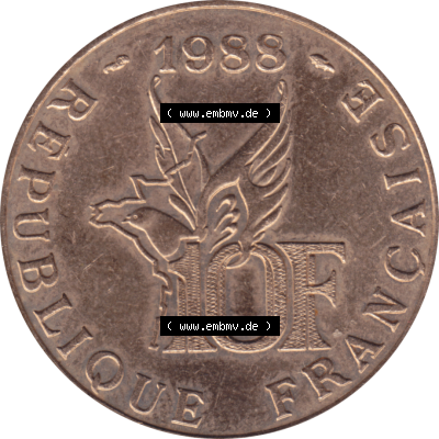 Münze Frankreich Umlaufmünzen Sammlung in PNG 1988-1988, 10 Francs Roland Garros-01 1988-01 (5) - Digitales Münzen-Bildmaterial einer französischen Francs Münze... Sammlung