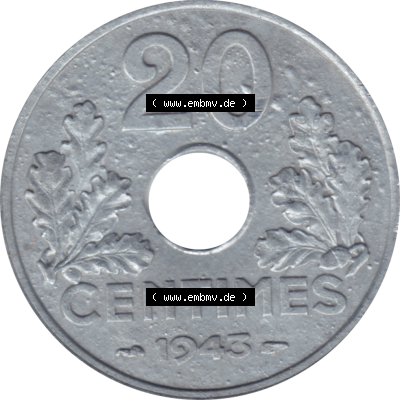 Münze Frankreich Umlaufmünzen Sammlung in PNG 1941-1944, 20 Centimes, Cent 1943-01 (5) - Digitales Münzen-Bildmaterial einer französischen Francs Münze aus... Sammlung