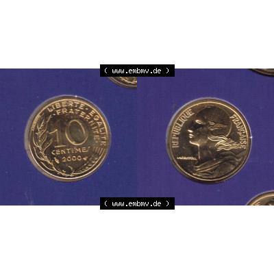 Münze Frankreich Umlaufmünzen Sammlung in PNG 2000, 10 Centimes (3) - Digitales Münzen-Bildmaterial einer französischen Francs Münze aus Frankreich in farbige mit... Sammlung