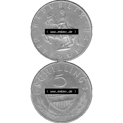 Alte Münze 5 / Fünf Schilling Österreich in s/w Schwarzweiß bzw. Graustufen Farbgebung von Scanner transparenten PNG 1960-1968, 5 Fünf Schilling 1962-01,... Sammlung