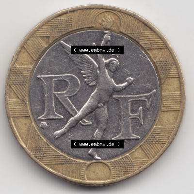 Münze Frankreich Umlaufmünzen Sammlung in PNG 1991, 10 Francs (2) - Digitales Münzen-Bildmaterial einer französischen Francs Münze aus Frankreich in farbige mit... Sammlung