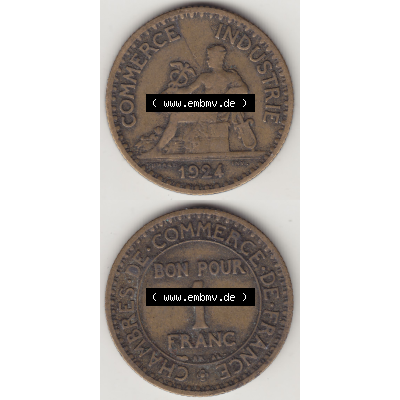 Münze Frankreich Umlaufmünzen Sammlung in PNG 1920-1927, 1 Franken BON POUR 1 FRANC 1924-1 (4) - Digitales Münzen-Bildmaterial einer französischen Francs Münze... Sammlung