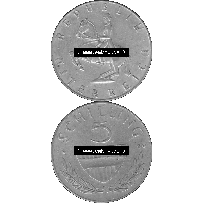 Alte Münze 5 / Fünf Schilling Österreich in s/w Schwarzweiß bzw. Graustufen Farbgebung von Scanner transparenten PNG 1960-1968, 5 Fünf Schilling 1960-01,... Sammlung