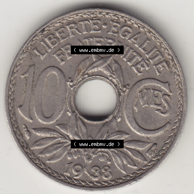 Münze Frankreich Umlaufmünzen Sammlung in PNG 1917-1938, 10 Centimes - Cmes 1938 (2) - Digitales Münzen-Bildmaterial einer französischen Francs Münze aus Frankreich... Sammlung