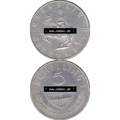 Alte Münze 5 / Fünf Schilling Österreich in original Farbgebung von Scanner transparenten PNG 1960-1968, 5 Fünf Schilling 1962-01, 5,20 Gramm 640er Silber,... Sammlung