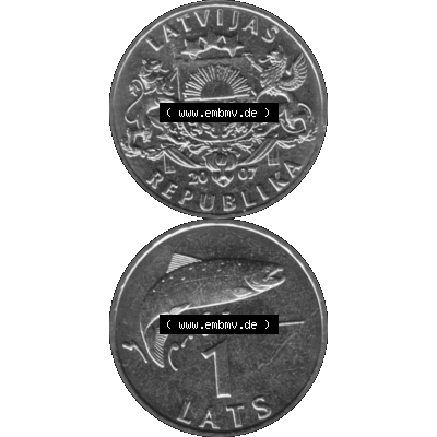 Alte Münze Lettland Umlaufmünze 1992-2008, 1 Lats 2007-01, Atlatischer Lachs Graustufen. Vorderseite und Rückseite in Graustufen der Münze aus Lettland, vertikal... Sammlung