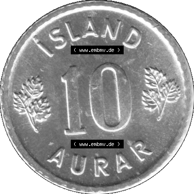 Alte Münze Island Umlaufmünze 1970-1974, 10 Aurar, Zehn Aura 1974-01 Graustufen. Rückseite der Umlaufmünze in Graustufen Münze aus Island auf einen digitalen... Sammlung