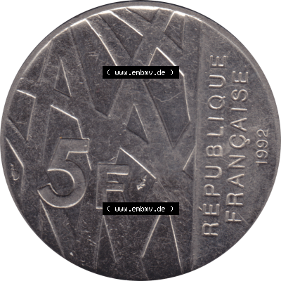 Münze Frankreich Umlaufmünzen Sammlung in PNG 1992-1992, 5 Francs Franken in Nickel 1992-01 (5) - Digitales Münzen-Bildmaterial einer französischen Francs Münze... Sammlung