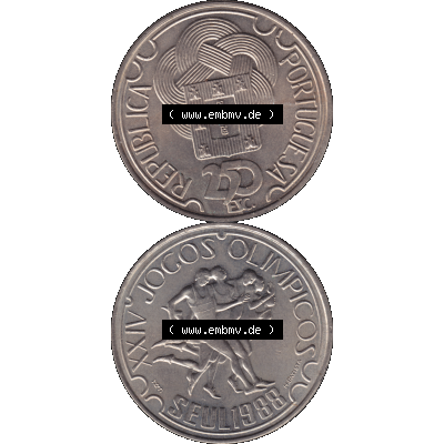 Alte Gedenkmünze aus Portugal als PNG-Grafik 1988, 250 Escudos, XXIV Jogos Olimpicos Seul 1988, Olympiade. Vorderseite und Rückseite vertikal - untereinander auf einen... Sammlung