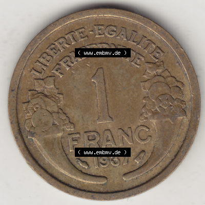 Münze Frankreich Umlaufmünzen Sammlung in PNG 1931-1941, 1 Franken, 1 Franc, 1937-1 LIBERTE EGALITE FRATERNITE (2) - Digitales Münzen-Bildmaterial einer französischen... Sammlung