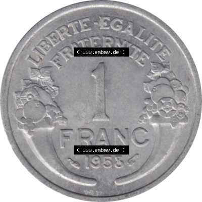 Münze Frankreich Umlaufmünzen Sammlung in PNG 1941-1959, 1 Francs, Franken 1958-01 (5) - Digitales Münzen-Bildmaterial einer französischen Francs Münze aus... Sammlung