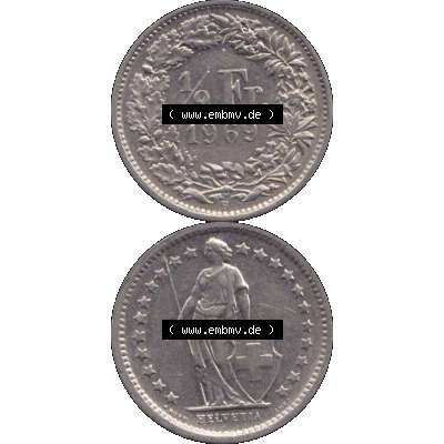 Alte Münze Schweiz in original Farbgebung vom Scanner transparenten PNG 1968-1982, 1/2 (halber) Franken B 1969-02. Erst die Rückseite Oben und dann die Vorderseite... Sammlung