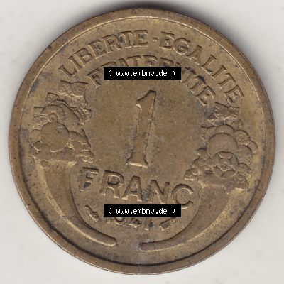 Münze Frankreich Umlaufmünzen Sammlung in PNG 1931-1941, 1 Franken, 1 Franc, 1941-1 LIBERTE EGALITE FRATERNITE (2) - Digitales Münzen-Bildmaterial einer französischen... Sammlung