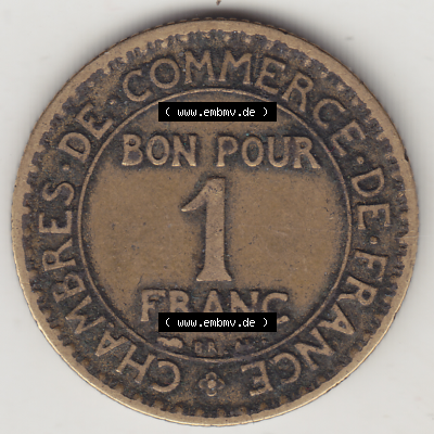 Münze Frankreich Umlaufmünzen Sammlung in PNG 1920-1927, 1 Franken BON POUR 1 FRANC 1925 (2) - Digitales Münzen-Bildmaterial einer französischen Francs Münze aus... Sammlung