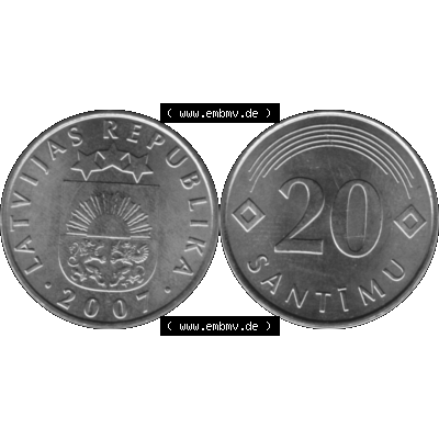 Alte Münze Lettland Umlaufmünze 1992-2009, 20 Santimu 2007-01, VS Staatswappen, RS. Wert-Zahl Graustufen. Vorderseite und Rückseite der lettischen Münze... Sammlung