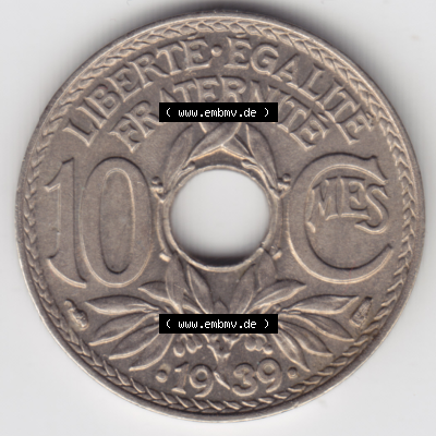 Münze Frankreich Umlaufmünzen Sammlung in PNG 1938-1939, 10 Centimes, Cent 1939 (1) - Digitales Münzen-Bildmaterial einer französischen Francs Münze aus Frankreich... Sammlung