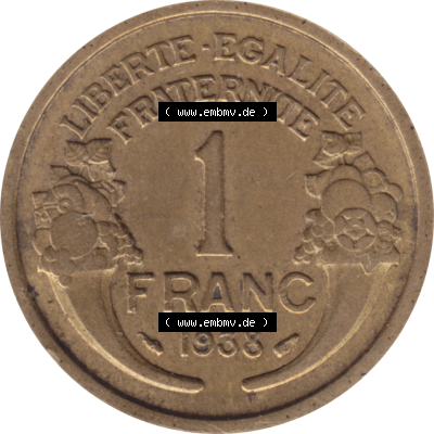 Münze Frankreich Umlaufmünzen Sammlung in PNG 1931-1941, 1 Francs, Franken 1938-01 (5) - Digitales Münzen-Bildmaterial einer französischen Francs Münze aus... Sammlung