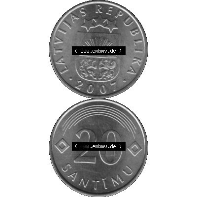 Alte Münze Lettland Umlaufmünze 1992-2009, 20 Santimu 2007-01, VS Staatswappen, RS. Wert-Zahl Graustufen. Vorderseite und Rückseite in Graustufen der Münze... Sammlung