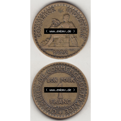 Münze Frankreich Umlaufmünzen Sammlung in PNG 1922-1927, 1 Franken, BON POUR One Franc, 1922-1 CHAMBRES DE COMMERCE DE FRANCE (4) - Digitales Münzen-Bildmaterial... Sammlung