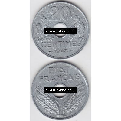 Münze Frankreich Umlaufmünzen Sammlung in PNG 1941-1944, 20 Centimes, Cent 1943 (4) - Digitales Münzen-Bildmaterial einer französischen Francs Münze aus Frankreich... Sammlung