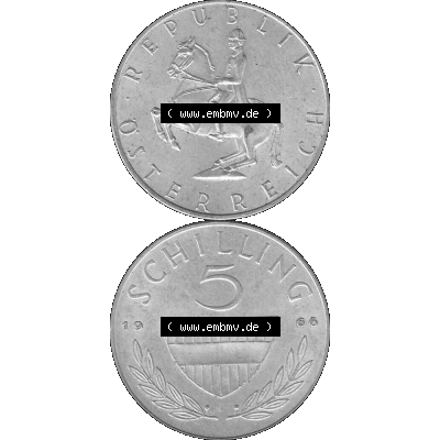 Alte Münze 5 / Fünf Schilling Österreich in s/w Schwarzweiß bzw. Graustufen Farbgebung von Scanner transparenten PNG 1960-1968, 5 Fünf Schilling 1966-01,... Sammlung