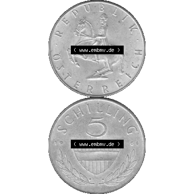 Alte Münze 5 / Fünf Schilling Österreich in s/w Schwarzweiß bzw. Graustufen Farbgebung von Scanner transparenten PNG 1960-1968, 5 Fünf Schilling 1961-01,... Sammlung
