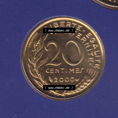 Münze Frankreich Umlaufmünzen Sammlung in PNG 2000, 20 Centimes (1) - Digitales Münzen-Bildmaterial einer französischen Francs Münze aus Frankreich in farbige mit... Sammlung