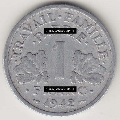 Münze Frankreich Umlaufmünzen Sammlung in PNG 1942-1944, 1 Franken - Francs 1942 (2) - Digitales Münzen-Bildmaterial einer französischen Francs Münze aus Frankreich... Sammlung