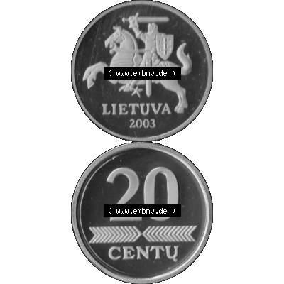 Alte Münze Litauen Kursmünzensatz 1997-2014, 20 Centu 2003-01 Graustufen. Vorderseite und Rückseite in Graustufen der litauischen KMS-Münze 2003, vertikal auf einen... Sammlung