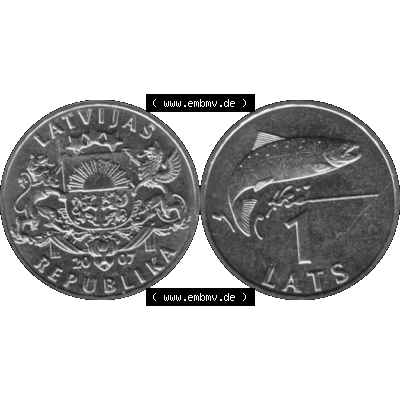 Alte Münze Lettland Umlaufmünze 1992-2008, 1 Lats 2007-01, Atlatischer Lachs Graustufen. Vorderseite und Rückseite der lettischen Münze / Kursmünze,... Sammlung