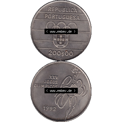 Alte Gedenkmünze aus Portugal als PNG-Grafik 1992, 200 Escudos, XXV Jogos Olimpicos. Vorderseite und Rückseite vertikal - untereinander auf einen Bild/Foto zusammengefügt... Sammlung