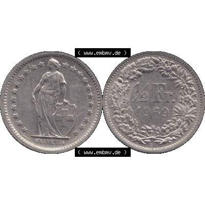 Alte Münze Schweiz in original Farbgebung vom Scanner transparenten PNG 1968-1982, 1/2 (halber) Franken B 1969-03. Vorderseite und Rückseite der Münze aus der... Sammlung