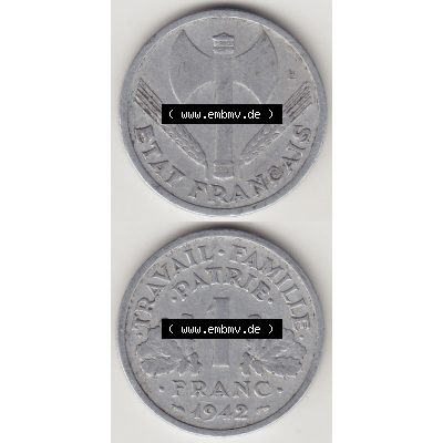 Münze Frankreich Umlaufmünzen Sammlung in PNG 1942-1944, 1 Franken - Francs 1942 (4) - Digitales Münzen-Bildmaterial einer französischen Francs Münze aus Frankreich... Sammlung