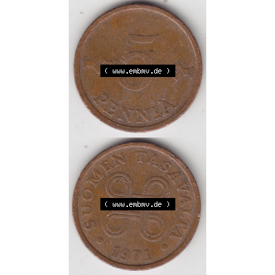 Münze Finnland / SUOMI Umlaufmünzen Sammlung in PNG 1963-1977, 5 Penniä 1971 (4) - Digital Münzen-Bildmaterial einer Münze aus Finnland in farbige mit einen... Sammlung