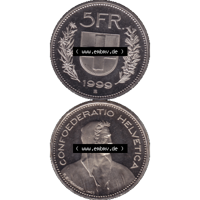 Alte Münze KMS Schweiz in original Farbgebung vom Scanner transparenten PNG 1994-2018, 5 Franken 1999. Erst die Rückseite Oben und dann die Vorderseite unten der Münze Umlaufmünze... Sammlung