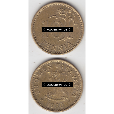 Münze Finnland / SUOMI Umlaufmünzen Sammlung in PNG 1963-1982, 10 Penniä 1980 (4) - Digital Münzen-Bildmaterial einer Münze aus Finnland in farbige mit einen... Sammlung