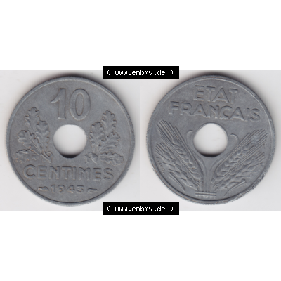 Münze Frankreich Umlaufmünzen Sammlung in PNG 1941-1943, 10 Centimes, Etat Francais 1943 (3) - Digitales Münzen-Bildmaterial einer französischen Francs Münze... Sammlung