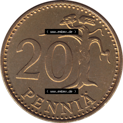 Münze Finnland / SUOMI Umlaufmünzen Sammlung in PNG 1963-1990, 20 Penny Penniä 1976-1, SUOMEN TASAVALTA (6) - Digital Münzen-Bildmaterial einer Münze... Sammlung