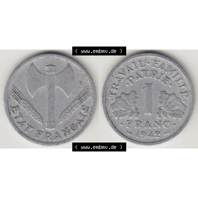Münze Frankreich Umlaufmünzen Sammlung in PNG 1942-1944, 1 Franken - Francs 1942 (3) - Digitales Münzen-Bildmaterial einer französischen Francs Münze aus Frankreich... Sammlung
