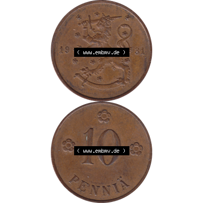 Münze Finnland / SUOMI Umlaufmünzen Sammlung in PNG 1919-1940, 10 Penny, Penniä 1931 (8) - Digital Münzen-Bildmaterial einer Münze aus Finnland in farbige... Sammlung