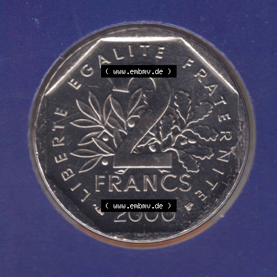 Münze Frankreich aus KMS Umlaufmünzen Sammlung in PNG 2000, 2 Francs (1) - Digitales Münzen-Bildmaterial einer französischen Francs Münze aus Frankreich aus KMS... Sammlung
