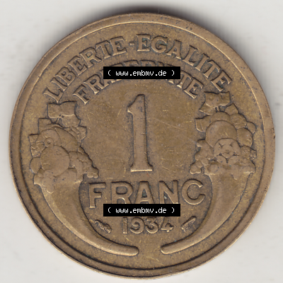 Münze Frankreich Umlaufmünzen Sammlung in PNG 1931-1941, 1 Franken, 1 Franc, 1934-1 LIBERTE EGALITE FRATERNITE (2) - Digitales Münzen-Bildmaterial einer französischen... Sammlung