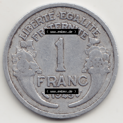 Münze Frankreich Umlaufmünzen Sammlung in PNG 1941-1959, 1 Franken - Francs 1945 (2) - Digitales Münzen-Bildmaterial einer französischen Francs Münze aus Frankreich... Sammlung