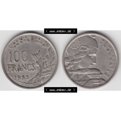 Münze Frankreich Umlaufmünzen Sammlung in PNG 1954-1958; 100 Francs, Franken Typ I. 1955 (3) - Digitales Münzen-Bildmaterial einer französischen Francs Münze... Sammlung