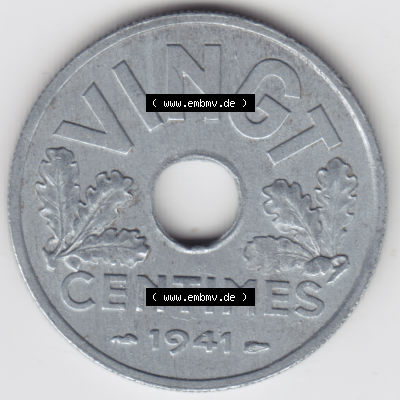 Münze Frankreich Umlaufmünzen Sammlung in PNG 1941-1941, VINGT 20 Centimes, Cent (1) - Digitales Münzen-Bildmaterial einer französischen Francs Münze aus... Sammlung