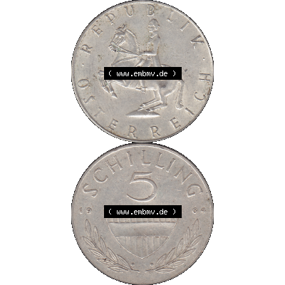 Alte Münze 5 / Fünf Schilling Österreich in original Farbgebung von Scanner transparenten PNG 1960-1968, 5 Fünf Schilling 1964-01, 5,20 Gramm 640er Silber,... Sammlung